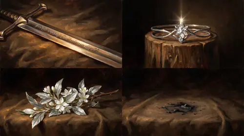 Symbolic still life on dark velvet. Anduril, the reforged sword — long, gleaming, Tengwar-runed along its blade. Beside it, a single silver-leaved branch of the new white tree of Gondor in fresh…