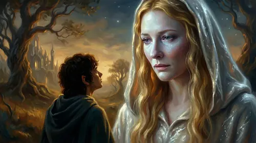Galadriel speaking with Frodo in the heart of Caras Galadhon, her face lit by starlight, conveying both wisdom and resignation. Behind her, the golden realm stretches beautiful but ephemeral…