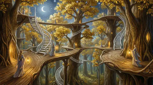Intricate view of a talan - a wide wooden platform nestled in mallorn branches, reached by spiraling white ladders. Elves move gracefully across connecting walkways between trees. The entire…