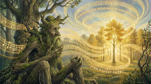 Treebeard the Ent standing at the edge of a forest, gazing toward distant Lothlorien with ancient reverence. The golden wood seems to sing - visible sound waves of golden light ripple through the…