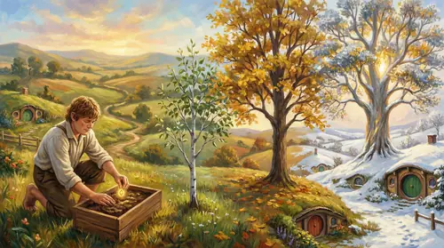 Sam kneeling in the Party Field, planting the mallorn seed in earth from Galadriel\'s garden. Then the tree growing through seasons - silver bark, golden leaves, impossibly beautiful in the heart of…