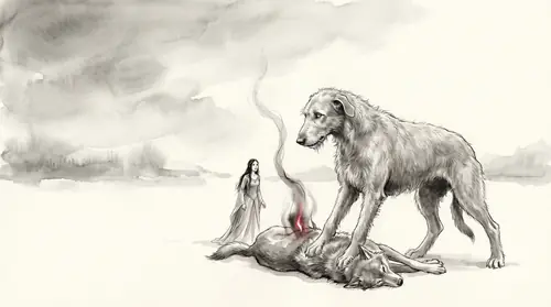 The pinned werewolf-form held under Huan\'s jaws, but rising faintly above the broken body a wisp of dark spirit — Sauron\'s deathless ghost beginning to slip free, houseless and shadowy. Lúthien steps…