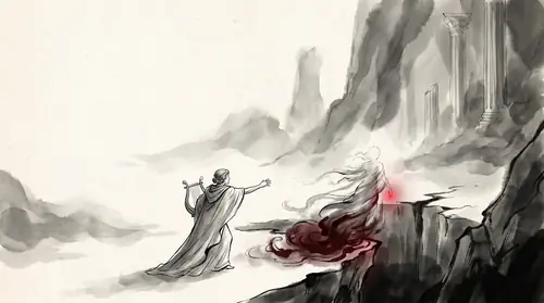 A mythic contrast image evoking Orpheus: a classical Greek singer with a lyre descending into a cold grey underworld, reaching back in despair as his lost love dissolves into shadow at the very last…