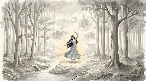 A layered image of legacy: the maiden Lúthien dancing in the woods of Doriath in soft light, and rising faintly above and around her the whole War of the Ring — the legend that became the foundation…