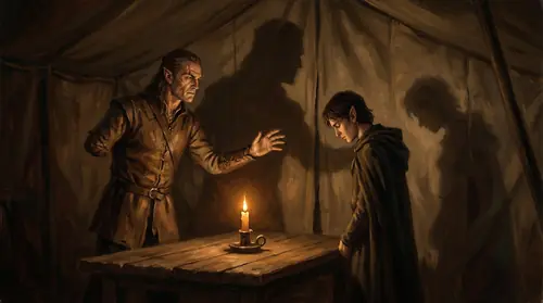 Maedhros and Maglor face each other in a dark tent, the elder brother\'s one-handed form looming over the younger. Maedhros gestures outward with his remaining hand, his scarred face set in iron…
