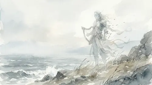 A haunting image of Maglor as a fading presence on a modern shoreline. He is translucent, ghostly, his Elven features barely distinguishable -- a shadow of regret that has not fully dissolved. The…