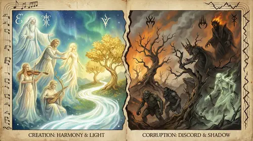 Conceptual illustration showing the principle of corruption vs creation - on one side, Eru Ilúvatar or the Valar creating beautiful forms (elves, trees, light), on the other side Melkor/Sauron taking…