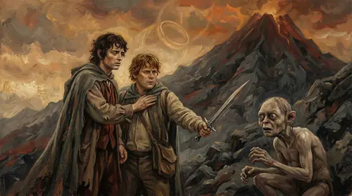 Frodo showing mercy to Gollum on the slopes of Mount Doom, staying Sam\'s hand when Sam wants to kill him. Frodo\'s face shows pity and weariness. Gollum cowers but is spared. Echo of Bilbo\'s earlier…