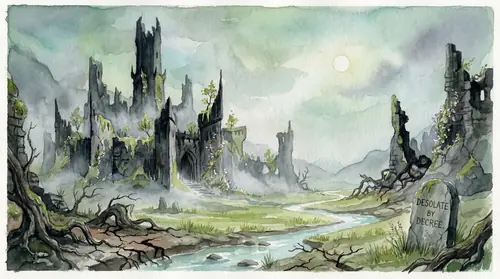 The ruins of Minas Morgul abandoned, the valley beginning to green again but slowly, nature tentatively reclaiming the corrupted ground. The site left desolate by decree. Time\'s slow work visible in…