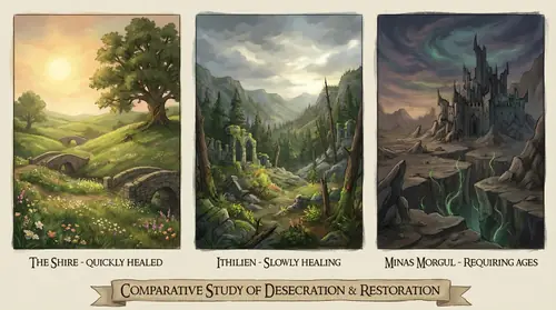 Conceptual illustration of three levels of corruption and healing - the Shire (quickly healed, blooming), Ithilien (slowly healing to paradise), Minas Morgul (requiring ages). Visual representation…