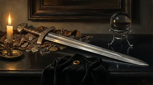 A symbolic still-life composition: Narsil\'s bright blade laid across the center of the image, and around it, subordinate objects — the hilt of Glamdring buried in a troll-hoard, a single dark…