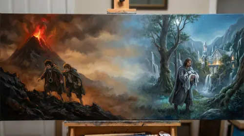 A diptych journey: on the left, tiny Frodo and Sam climbing the black slopes of Mount Doom toward red flame, the Ring on its chain at Frodo\'s throat heavy and dark; on the right, Aragorn carrying the…
