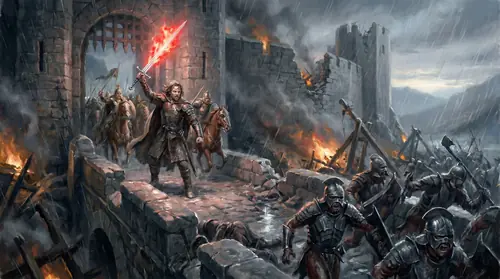 Night battle at the Hornburg of Helm\'s Deep. Aragorn on the gate-ramp, Andúril flaming in his right hand as he leads a countercharge — blade blazing like a torch in the dark, Rohirrim warriors…