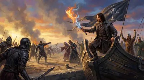Aragorn steps from the black prow of a Corsair ship onto the quays of the Harlond, Andúril blazing with sun-and-moon fire in his hand, the banner of the White Tree and Seven Stars unfurling in the…
