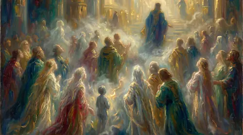 The Ainur being kindled: a great scattered company of spirit-shapes filling the frame front to back in an unbounded hall of light, each taking fire from within at a slightly different moment so the…