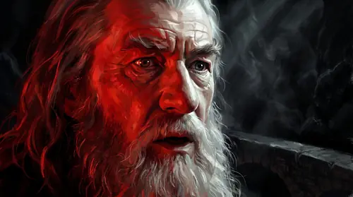 Gandalf\'s face close on the bridge, three-quarter, lit from two sides at once - hard red from the thing in front of him, thin cold white from somewhere behind and above. The line where the two lights…