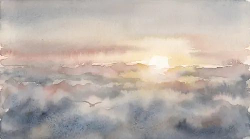 Sunrise over an unbroken country of cloud seen from very high: the disc coming up off the cloud-floor, the whole sky going from ash to gold in bands, nothing in the frame made by anybody. The light…