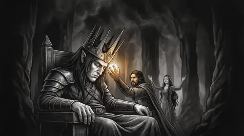 Deep inside Angband, the one warm light in the dark: Morgoth slumps enormous and asleep on his throne, the tall black iron crown tipped forward, and at his very brow a mortal man\'s hand is closing…