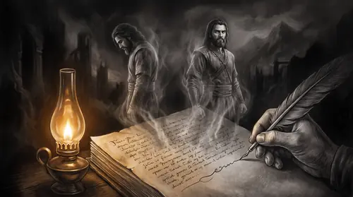 A quiet symbolic image away from the battle: an old manuscript page lit by lamp, a hand adding a fresh line of ink among older writing — and rising off the page, as if the words summon them, two…