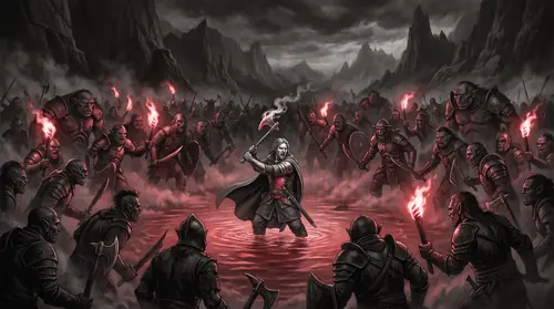 Pull back: Húrin a single small figure knee-deep in the reddened fen, axe smoking in his grip, hemmed on every side by the closing horde that dwarfs him. He is still swinging, still shouting, though…