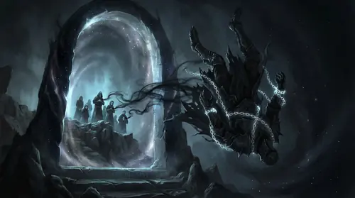 Morgoth in chains being cast through the Door of Night into the Void - yet as he falls, tendrils of shadow stream from him into the world, seeping into the hearts of watching Men. His physical form…