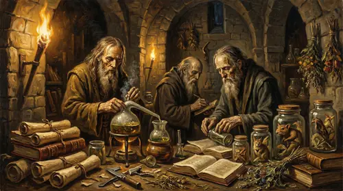 Numenorean wise men laboring in torch-lit chambers, surrounded by alchemical equipment and ancient texts. They seek the secret of extending life, their faces gaunt from obsessive searching. Scrolls…