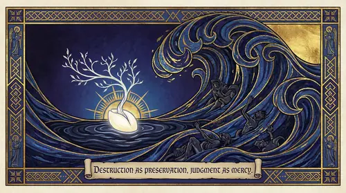 The seed of the white tree floating on dark waters, carried eastward while corruption drowns behind it. The central paradox visualized - destruction as preservation, judgment as mercy. What mattered…