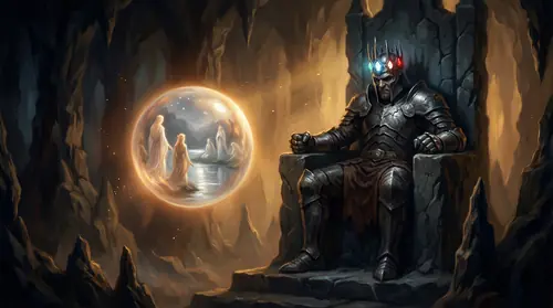 Morgoth enthroned in the depths of Angband, his iron crown bearing the three Silmarils, face twisted with jealous fury. Before him, a vision shimmers in the dark air -- Elves awakening under…