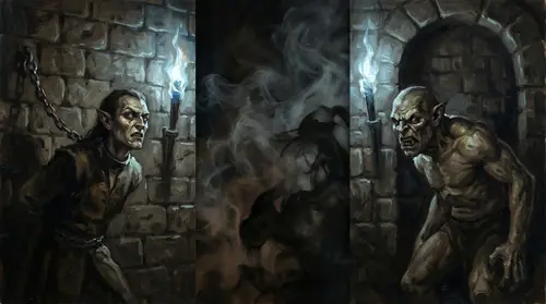 A haunting split-image composition. On the left, an Elf captive in chains within the dungeons of Utumno, face still bearing traces of elvish beauty but contorted in agony. On the right, an Orc…
