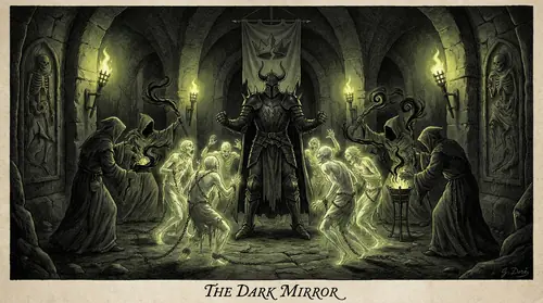 The dark mirror of the previous scene -- Morgoth in the pits of Utumno, surrounded by chained Elves being tortured by his servants. His hands are clenched into fists, not open. His posture radiates…