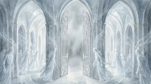 The Halls of Mandos rendered in pale, spectral light -- vast and echoing, where the spirits of dead Elves drift in quiet waiting. But at the threshold, Orc-spirits are turned away or simply absent…