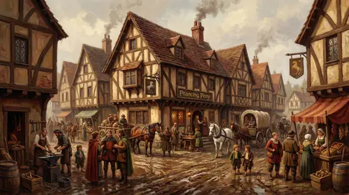 Bustling medieval crossroads town with the Prancing Pony inn prominent, showing Men and Hobbits mingling in the muddy street, wagons and horses, traders and travelers. The cultural melting pot where…