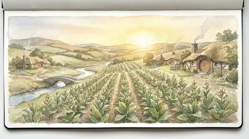 Wide vista of the Southfarthing\'s rolling hills covered in neat rows of pipeweed plants reaching toward golden afternoon sun, with small hobbit farmhouses dotting the landscape. Agricultural…