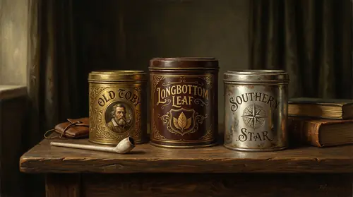 Still-life arrangement of three distinct tobacco varieties: Longbottom Leaf with rich brown hue, Old Toby with golden tones, Southern Star with fine silvery appearance. Each in its own ornate tin…