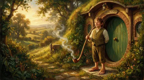 The iconic opening image: Bilbo standing at his round green door after breakfast, smoking an enormous long wooden pipe that reaches nearly to his woolly toes. Contentment personified, home and peace.