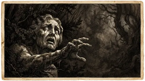 Close on one tormented sculpture half-swallowed by yew shadow — a stone face and hand contorted in silent agony, moss and damp on it, the dark garden receding behind. The single most Poe-like image…