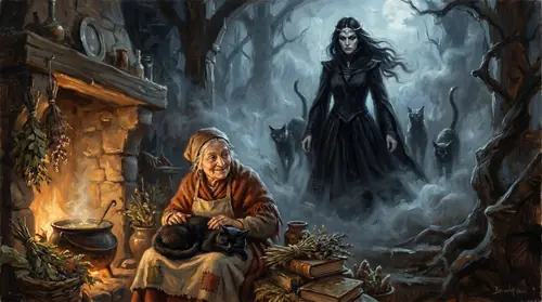 A two-part image contrasting the cozy fairy-tale witch — a kindly crone by a warm hearth with a contented black cat on her lap — against its cold inversion looming behind: the severe Beruthiel and…