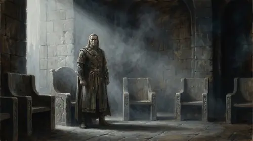 King Tarannon standing alone in a council chamber of Osgiliath at the moment of decision, his face hard and resolved, the empty council seats around him — no trial depicted, no accusation spoken…