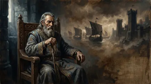 An aged Tarannon Falastur alone on his throne in a dim hall, childless and gray, the long solitude of his later reign etched in his face. Behind him, a faint vision of his nephew Earnil\'s fleet…