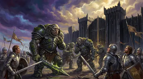 Olog-hai trolls frozen mid-battle at the Black Gate, their weapons lowered in confusion. The Ring has been destroyed. Soldiers of the West pause, seeing their enemies suddenly bewildered like lost…