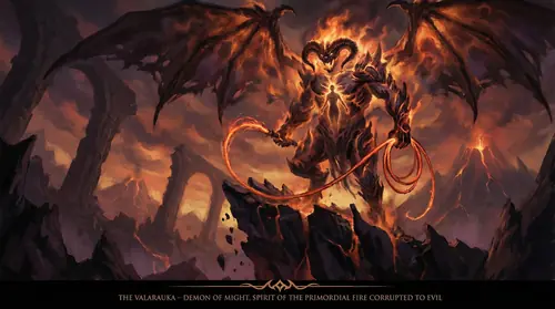 A Balrog in full terrible majesty - flame and shadow incarnate, wielding a whip of many thongs that burn with unholy fire. Its form shifts between solid and ethereal, suggesting the Maia spirit…