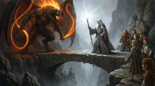 Gandalf faces the Balrog on the Bridge of Khazad-dum, recognition passing between them. Two Maiar, two spirits who once sang together in the music of creation, now stand opposed. Gandalf\'s staff…