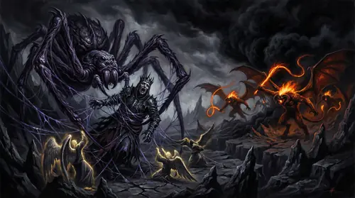 Morgoth trapped in Ungoliant\'s webs, the mightiest of the Valar reduced to screaming for help. Her webs constrict around him as Balrogs race to intervene, their flaming whips driving back the…