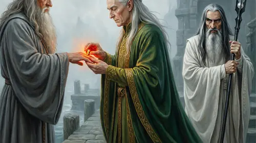 On the stone docks of the Grey Havens, ancient Cirdan -- tall, silver-haired, with the oldest eyes in Middle-earth -- places the Ring of Fire, Narya, onto the hand of the grey-robed Olorin. The ring…
