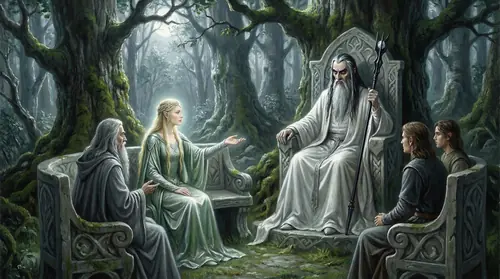 The White Council assembled in a moonlit glade of Rivendell -- great figures seated in a circle. Galadriel, luminous and terrible in her beauty, gestures toward Gandalf with an open palm, clearly…