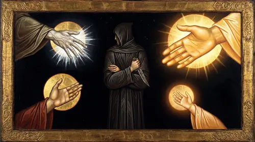 A symbolic, theological image: Saruman stands in a dark void, surrounded by multiple glowing hands reaching toward him from every direction -- Gandalf\'s hand at Orthanc, Frodo\'s hand in the Shire…