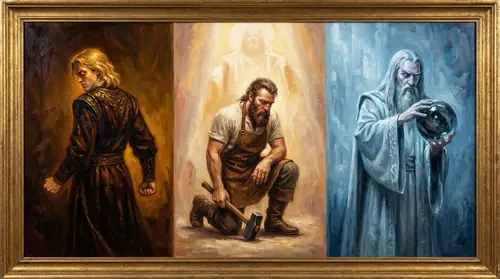 A triptych composition showing three figures from Aule\'s people at their moment of choice. In the center, Aule kneels in surrender, bathed in forgiving white light. On the left, a shadowed Mairon…