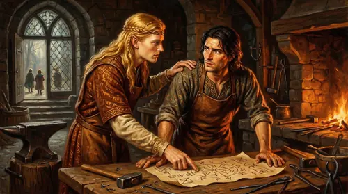 Inside the forges of Eregion, Annatar leans close to Celebrimbor, pointing at a complex diagram of ring-craft spread across a workbench. Celebrimbor\'s face is lit with desperate hunger -- the desire…