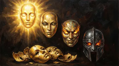 A sequence of four masks arranged in descending order, each more terrible than the last. The first is Mairon\'s original radiant face -- beautiful, golden. The second is Annatar\'s fair form…