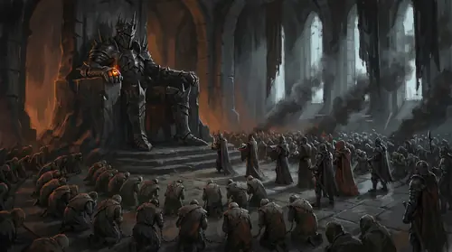 Sauron enthroned in Barad-dur at the height of his imagined triumph, surrounded by enslaved peoples of all races kneeling in forced worship. His armored form towers above them, the One Ring blazing…